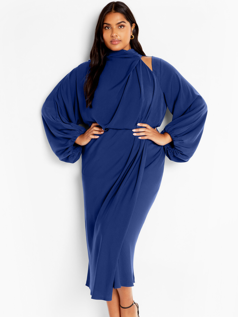 Blue high neck long sleeve midi wedding guest dress winter from City Chic