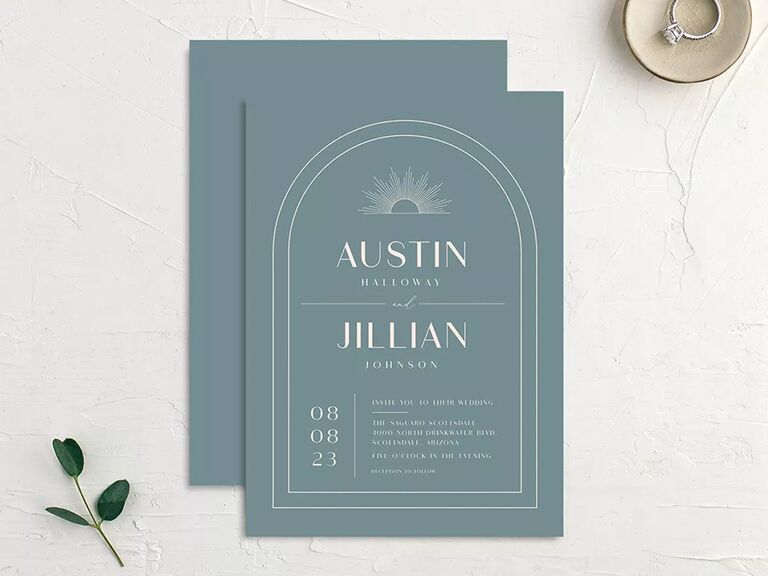 Blue background with minimal white arched border framing event details 