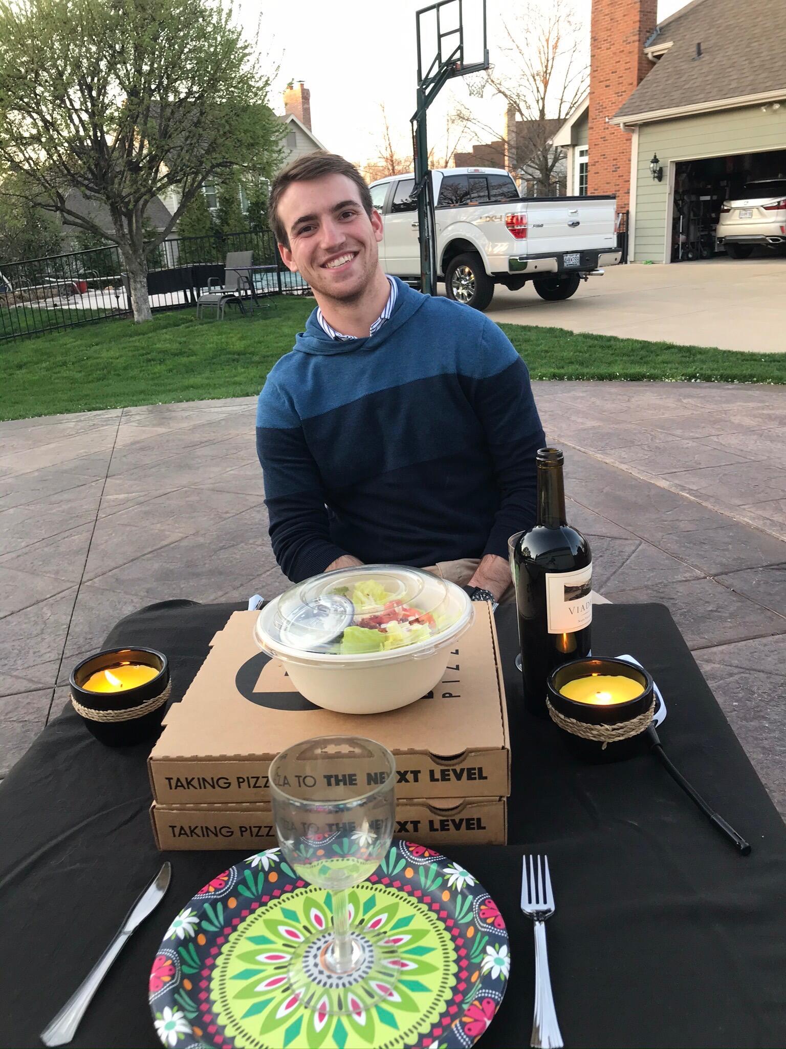 On St. Patrick’s Day March 17, 2020, Carson asked Jenny to be his girlfriend. They were both home from college for the next several months at their family homes in St. Louis due to the pandemic. Their pandemic dates included a romantic dinner in Jenny’s driveway that Carson surprised her with.