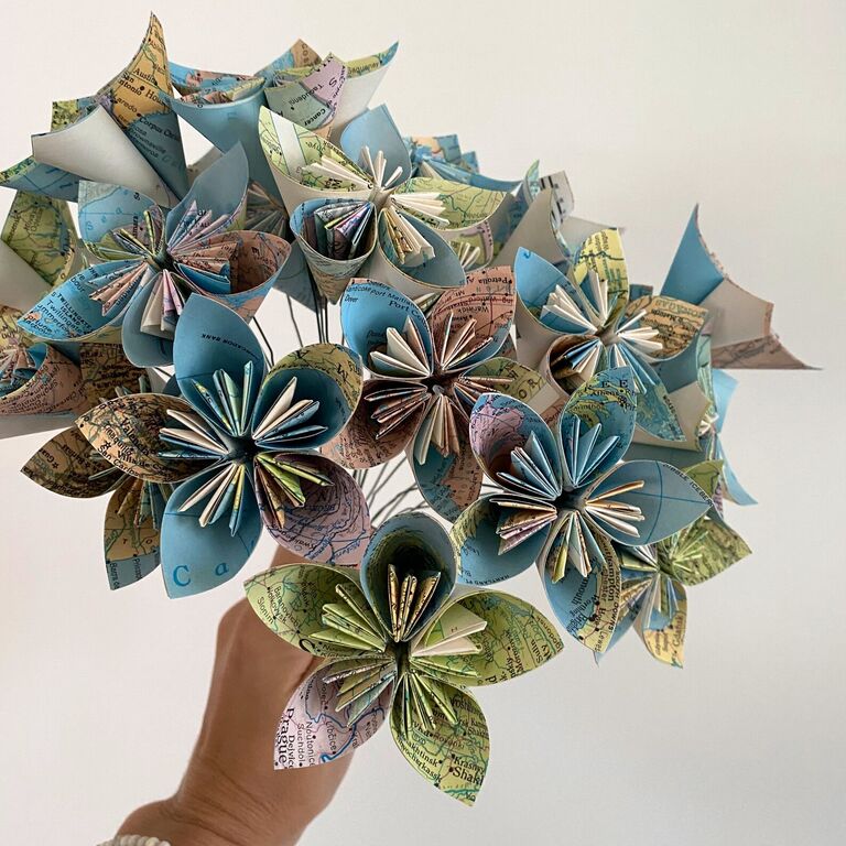 Recycled map paper flower wedding bouquet from Greencycledesigns
