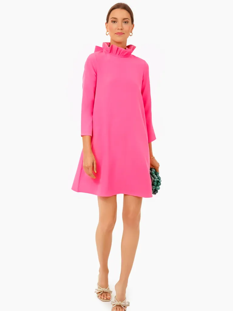 pink mini dress with long sleeves and ruffle neckline