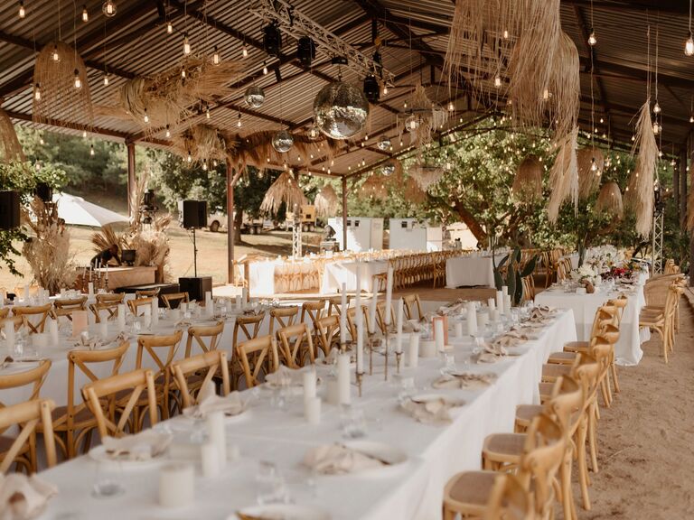 Beautiful wedding decorations at wedding reception with disco ball