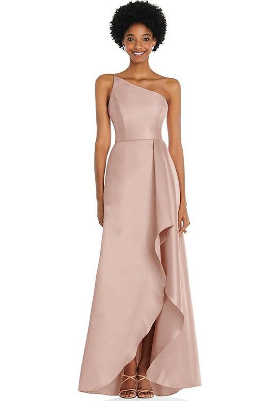 Dessy Group One-Shoulder Satin Gown with Draped Front Slit and Pockets -  D831 Bridesmaid Dress