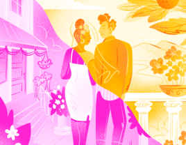 Split illustration of couple, half of image as them wedding planning and half as them on thier wedding day