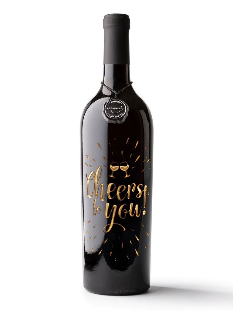 Engraved wine bottle Cheers to You engagement gift for best friend