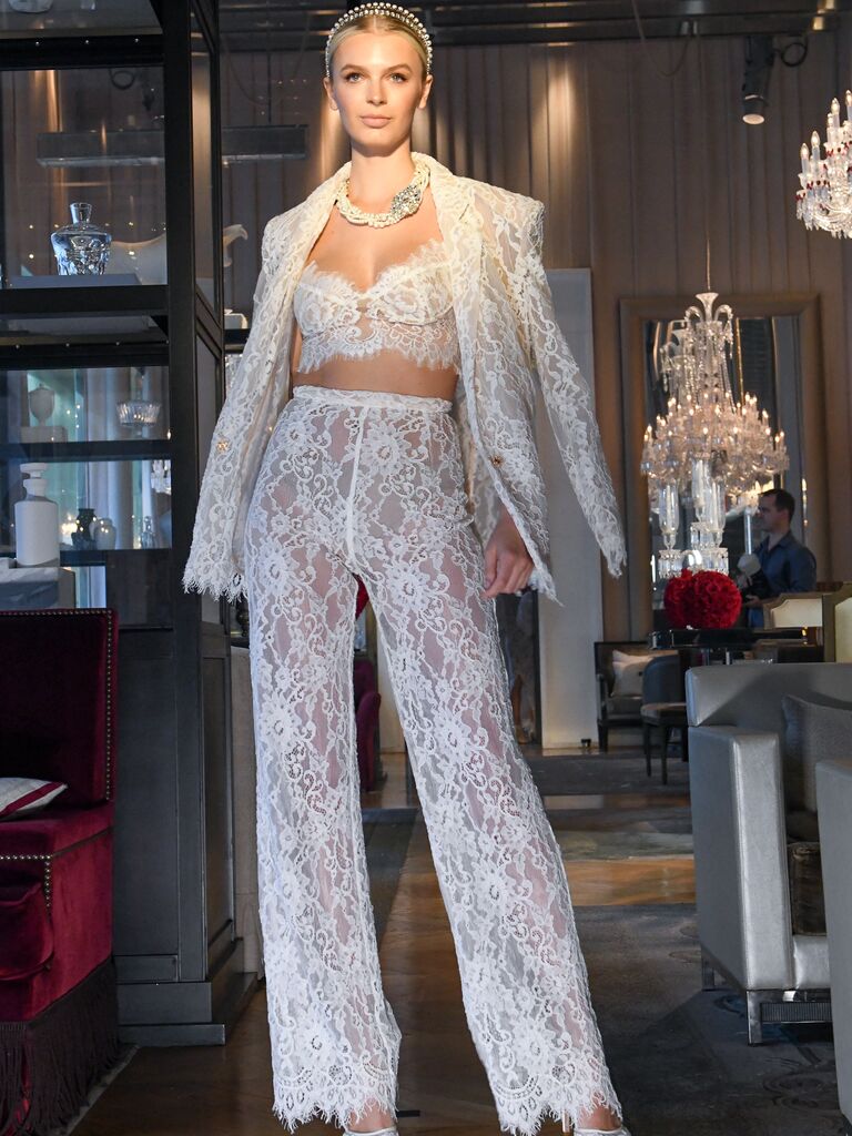 White lace wedding suit, fashion trends 2024