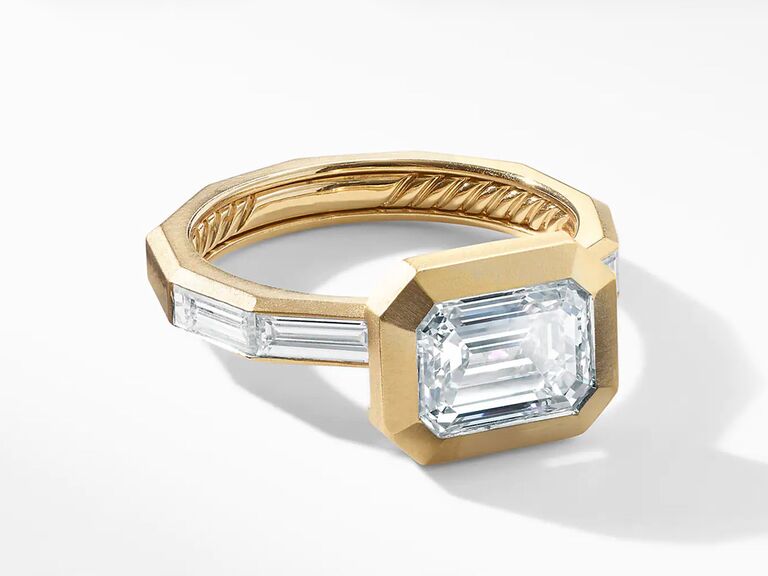 david yurman emerald cut diamond engagement ring with plain yellow gold halo and baguette diamond and plain yellow gold band