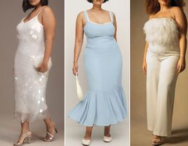 Collage of three models wearing plus-size wedding shower dresses.