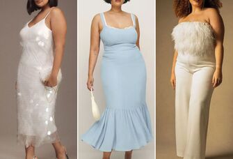 Collage of three models wearing plus-size wedding shower dresses.