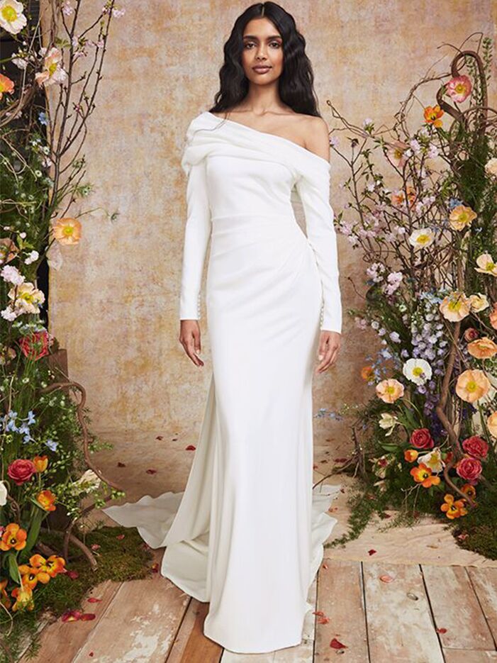 THEIA asymmetric one shoulder long sleeve wedding dress