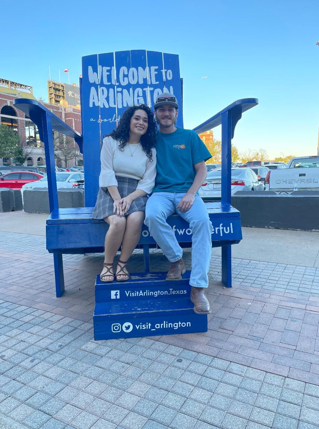 Our first time visiting the new Rangers stadium. Still waiting for Nick to propose...