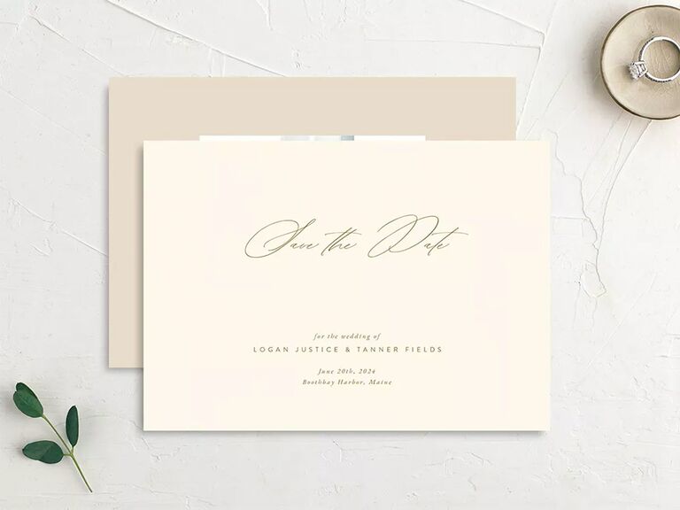'Save the date' above details in minimal calligraphy on cream background