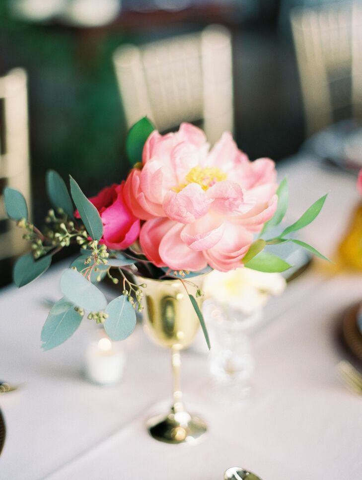 Vibrant Pink Peony And Eucalyptus Centerpieces In Gold Bud Vases