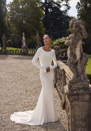 Stretch Crepe Fit and Flare Gown with High Cowl Neckline and Low Back