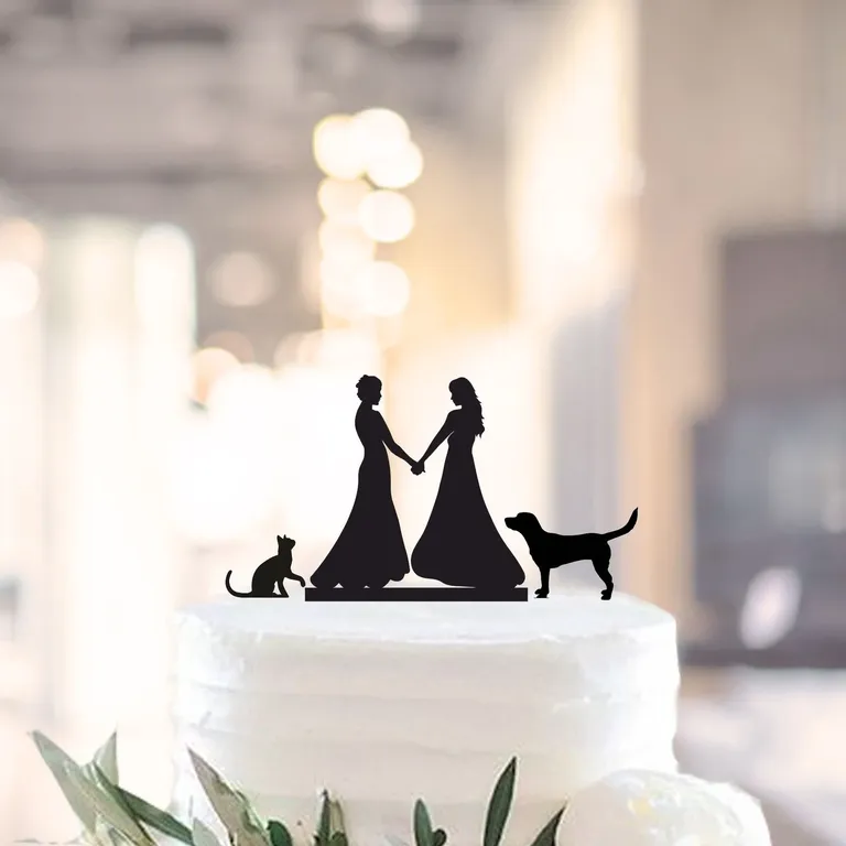 Silhouette bridal shower cake topper with dog and cat