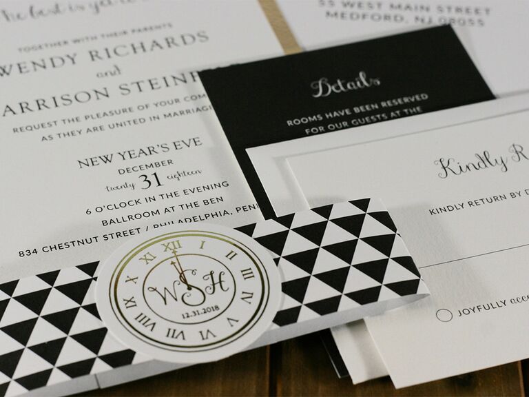 Simple black and white design with monogram inside clock graphic, bordered by black and white triangles