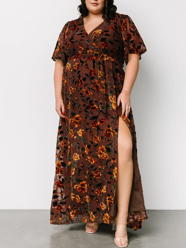 Plus size brown velvet floral dress with leg slit