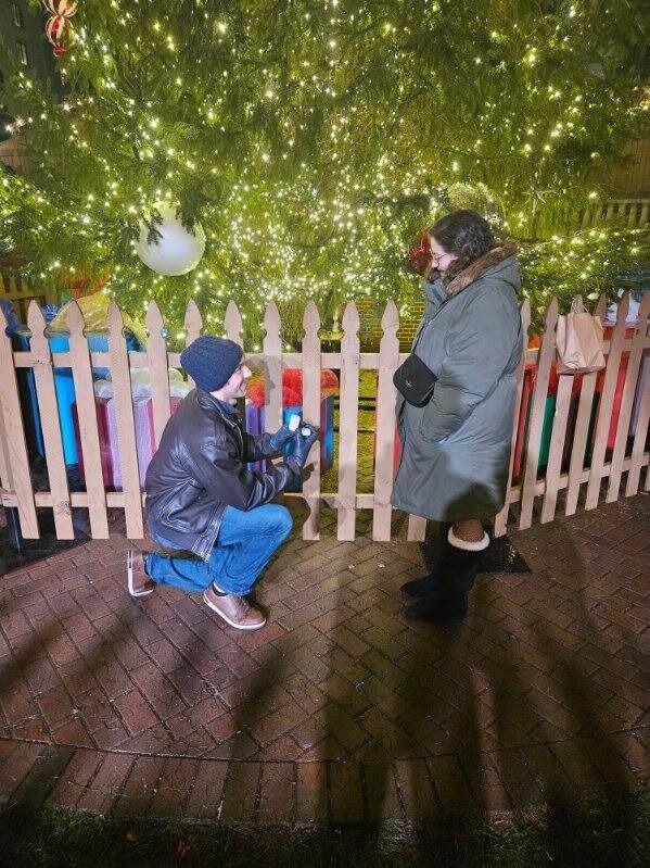 Jake planned a very romantic whimsical night at Taylor's favorite restaurant Savor, and the two went to Carmel's Christkindlmarkt. That is where Jake got down on one knee in front of the big christmas tree and asked Taylor to marry him. Of course she said yes and they both cried and had the best hug (which makes up for the first date awkward hug). 