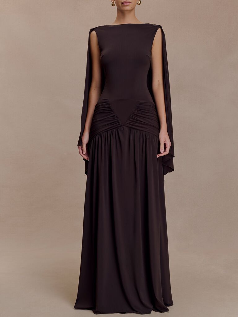 Meshki black cape sleeve mother-of-the-bride dress