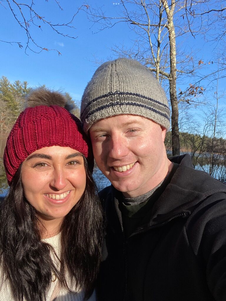On Christmas Eve, Nick and Meredith connected on a dating app and then stayed up all night talking on the phone for 8 hours. Three days later, they had their first official date where they spent the whole day walking around Borderland State Park.