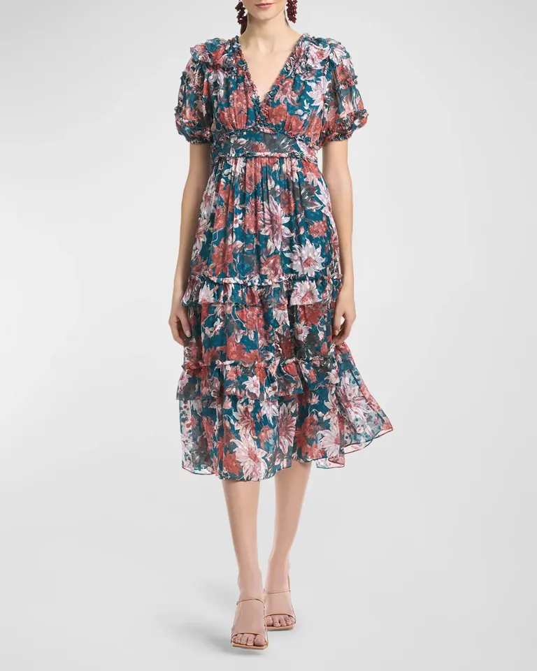 midi floor tiered dress with puff sleeves