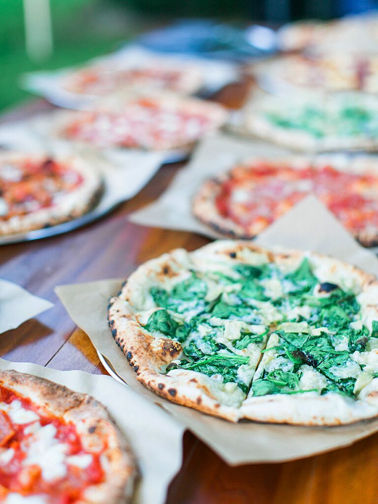 Family-style pizza dinner idea for a wedding reception entree