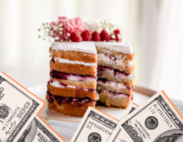 Trio of wedding cakes on wooden table at reception