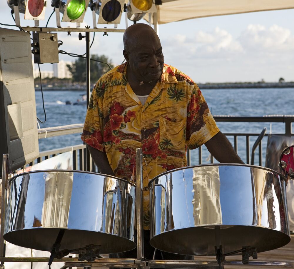 steel drummer in a luau shirt