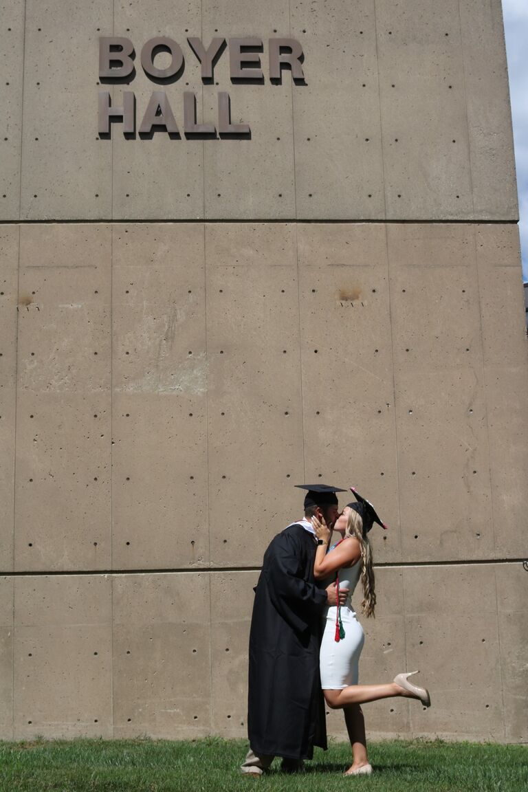 Fast forward 4 years, Mitch and Julia graduate from Arcadia University in the middle of the COVID-19 pandemic. The couple took graduation pictures together around the campus and ended in front of Boyer Hall which is where the two met for the first time. 