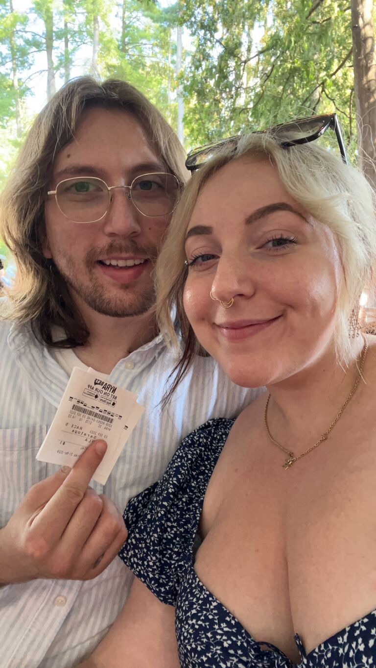 Celebrating the completion of Alice's dissertation by bringing Ethan to Saratoga Race Track for the first time!