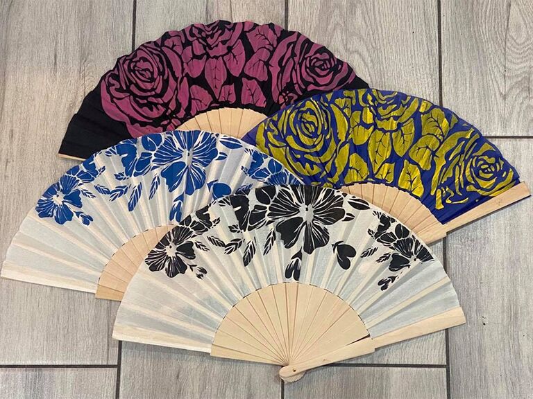 Lace handheld fans with vintage floral design in pink, blue, gold and black