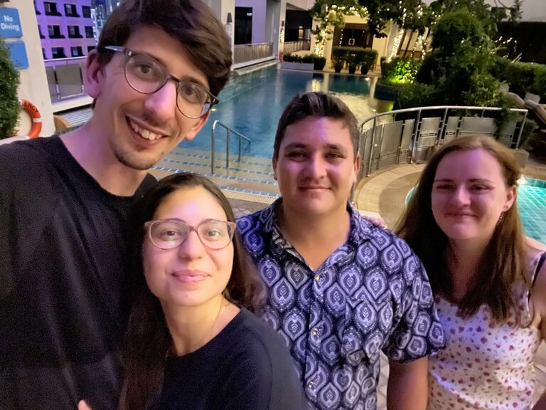 A surprise meet up in Thailand!  Emily met Adam, Matthew's university roommate, and his partner Kseniia for the first time!