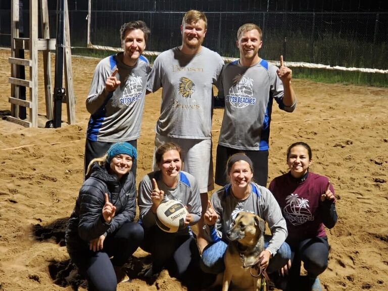 Ian played on a volleyball team with Jess & Jett, and Rachel would watch the Setsy Beaches team during her summers in Minneapolis (where she first set eyes on Ian).  