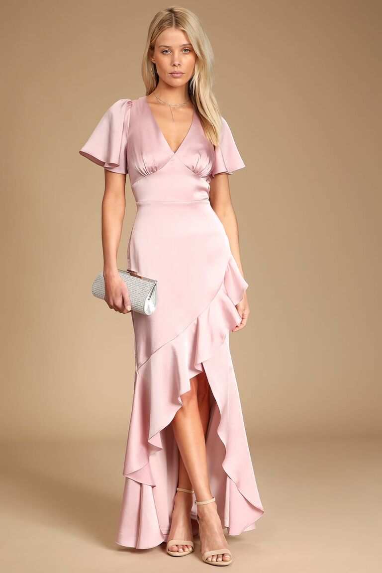 Pink satin dress for a formal wedding by Lulus. 