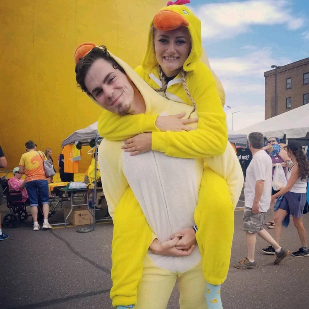 First Trip - If you couldn't tell, there's been a bit of a theme in our relationship. Taylor loves ducks, Cam has fully accepted Taylor's love of ducks. Our first summer together led to our first mini road trip up to Duluth, MN to see the giant duck. We wore these suits in the mid-August heat and sun. He's a keeper.