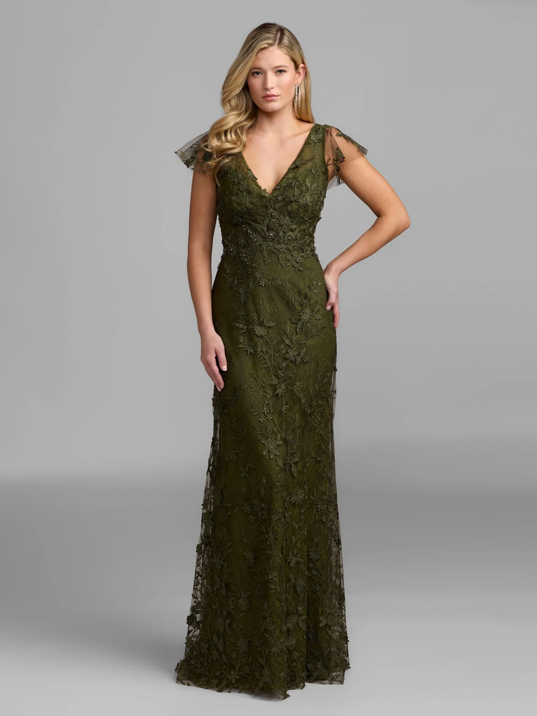 Floral flutter-sleeve petite green dress                     