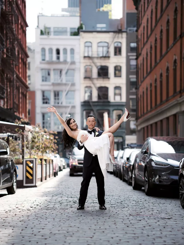 Bride and Groom Posing on Street in Manhattan, New York