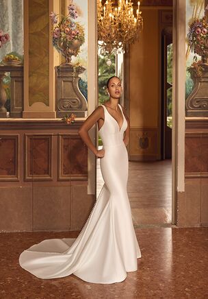Stretch Mikado Fit and Flare Gown with Deep V-Neck and Plungeline