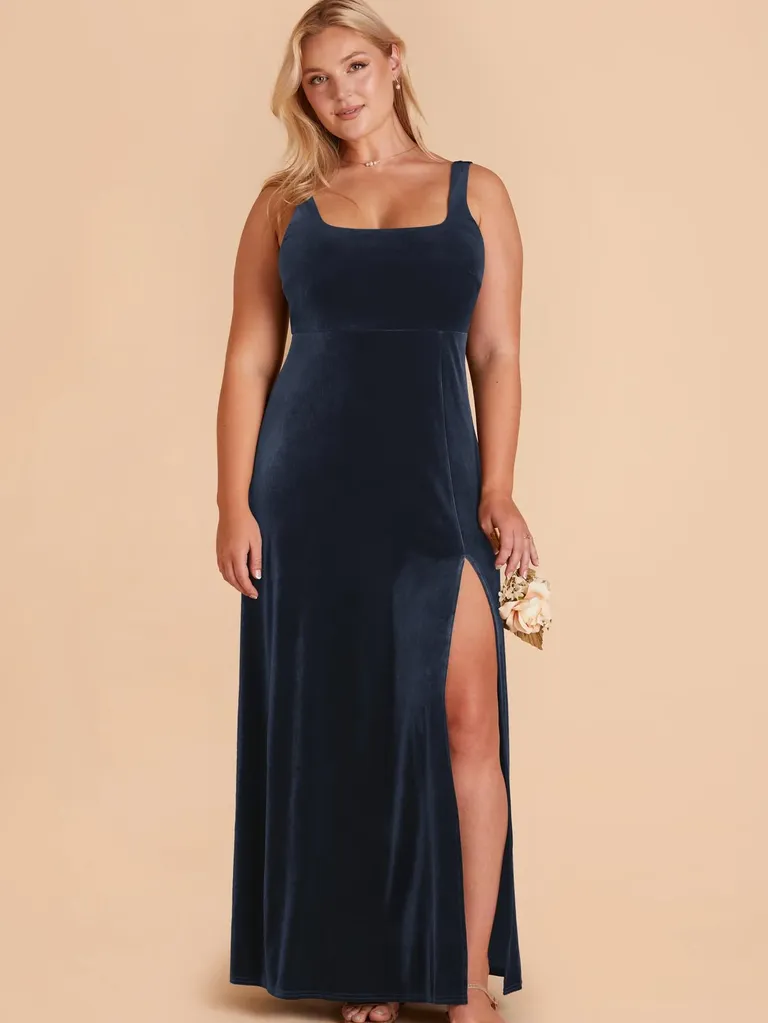 Velvet Dress Women 2023 Big Size Blue Ong Shoulder Bow High Slit