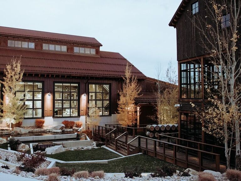 Outdoor view of the wood cabins and garden area