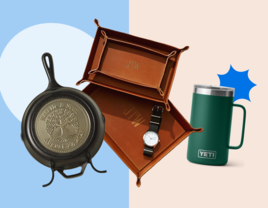 Collage of three gift idea for son-in-law: personalized pan, leather valet tray and travel mug