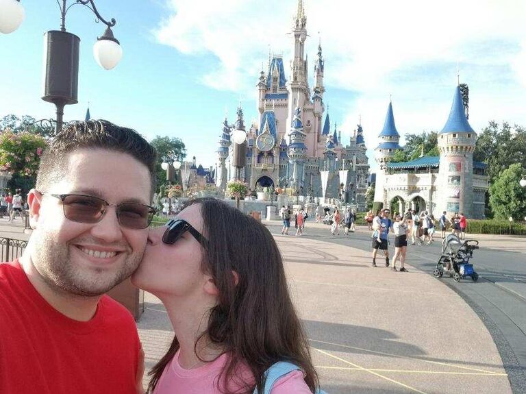 Katie: Our first vacation together was to Disney World and Universal. This was taken a few hours before Mickey's Not So Scary Halloween Party, where we dressed up as Winnie the Pooh and Piglet. On this trip, I learned that Kyle and I can spend days together and still work together well. Kyle learned that I don't particularly enjoy thrill rides. 