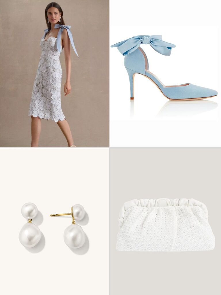 White and light blue themed bride's outfit for bridal shower 