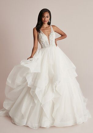 Glitter Tulle Ball Gown with Ruffle Skirt and Plunging V-Neckline