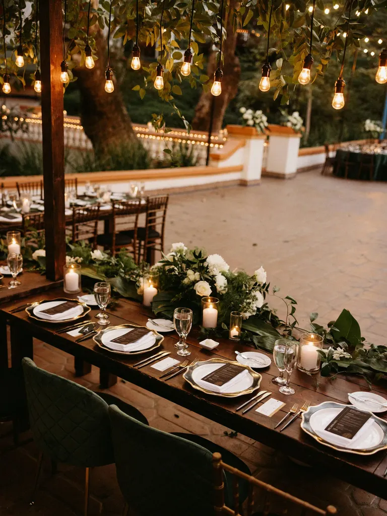 Hanging edison lights with greenery and floral runners, taylor swift themed wedding
