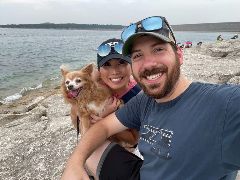 Six months Anniversary Date with Shiner🐶❤️ Lukas took us (me & Shiner🥰) on a "park hopping date" in New Braunfels🌳✨ Scenic drive was my favorite😍🚘💕 Shiner was so worn out at Canyon Lake that Lukas ended up carrying him, which made Lukas extremely hot with Shiner's fur and body heat🥵😂 