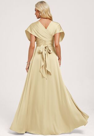 This dress features a convertible design that offers multiple styling options, making it ideal for a variety of wedding themes or special occasions. The front is adorned with a flattering V-neckline and elegant pleating at the bodice, giving it a refined look. The skirt flows gracefully to the floor, with a chic slit on one side for added movement. The back showcases a sophisticated tie-back detail, which enhances its adjustable fit, while the soft fabric drapes beautifully, ensuring a comfortable yet stunning silhouette. Made from a smooth, flowing matte satin, this gown exudes both elegance and ease, perfect for bridesmaids who want to feel both graceful and at ease.