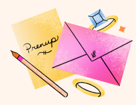 Illustration of prenup, pen, pink envelope and wedding rings