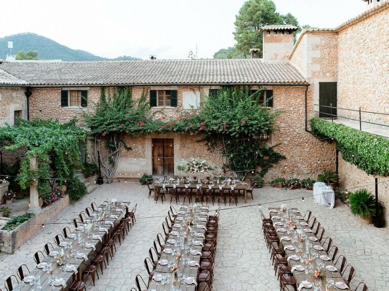 Wedding reception in outdoor courtyard in Spain