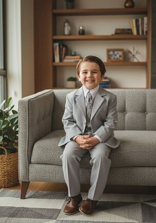 The "Mason" Light Grey 5-Piece Suit Set, designed by Little Tuxedos, is part of our Essentials Collection.  At an attractive price point, the Essentials Collection is one of our best sellers!  Available in both classic fit and husky fit, the Essentials will accommodate kids of different shapes & sizes.  Kids also love to show off the interior blue abstract premium lining!  An expandable waist feature, adjustable vest, and adjustable necktie provide additional comfort for your little one.